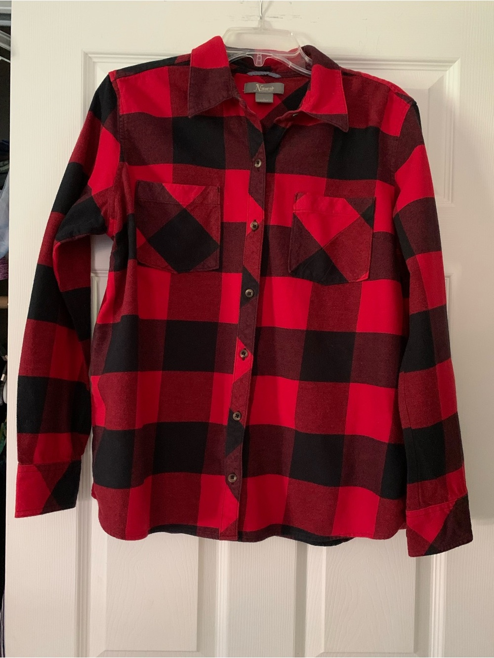 Women's Natural Reflections Black Red Flannel Plaid Button Up Large Shirt
